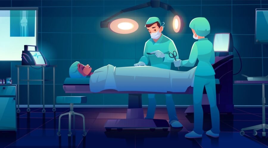 Plastic surgeon operating patient with assistant help in surgery dark room with medical stuff. Woman lying on table under glowing lamp in hospital with life support system. Cartoon vector illustration