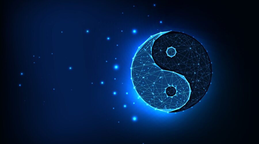 Futuristic glowing low polygonal yin yang symbol isolated on dark blue space background. Harmony, balance, Asian culture concept. Modern wire frame mesh design vector illustration.