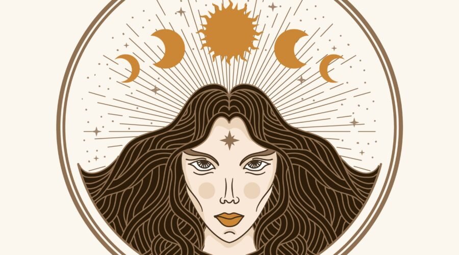 Moon woman, illustration with esoteric, boho, spiritual, geometric, astrology, magic themes, for tarot reader card or posters