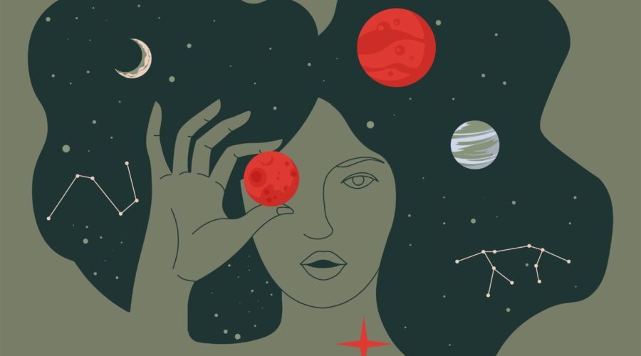Female character holding planets, surrounded by stars and celestial bodies. Lady portrait in outer space. Exploration or education of astronomy and astrology. Cosmos and universe, vector in flat style