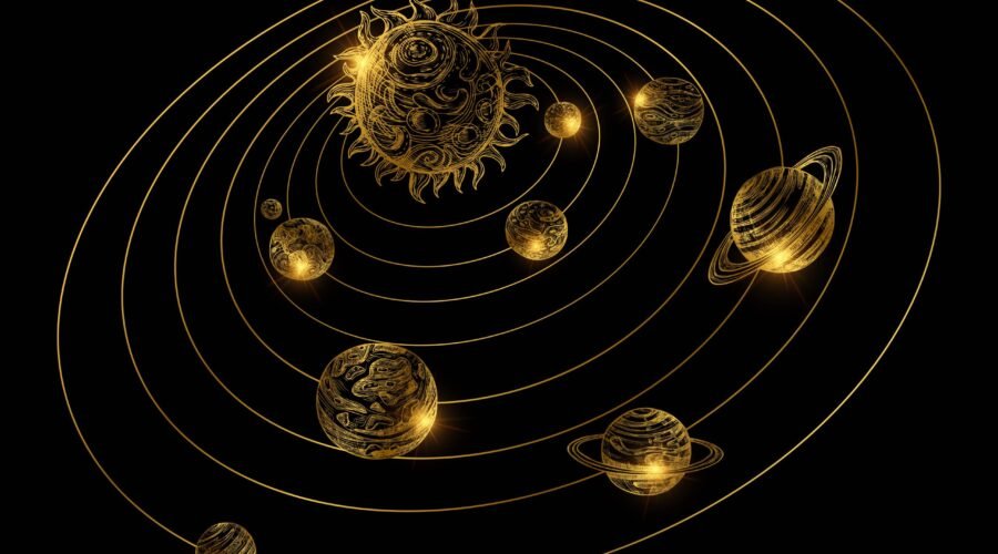 Shine golden solar system with hand drawn planets isolated on black background. Golden solar system, astronomy and galaxy, cosmos universe with sun illustration